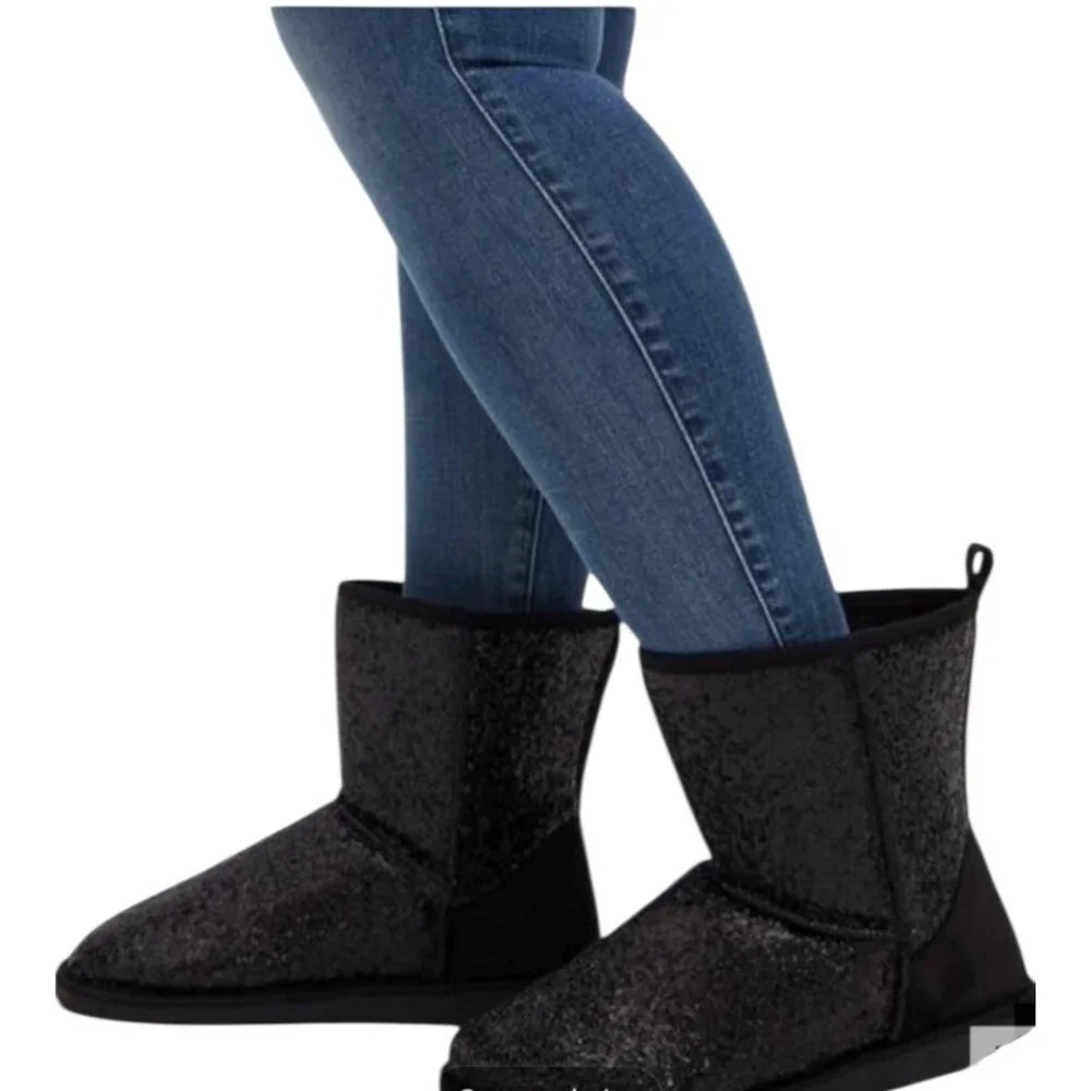 Torrid Black Rhinestone Glitter Winter Boots With Faux Fur Lining Women's 10 NWO